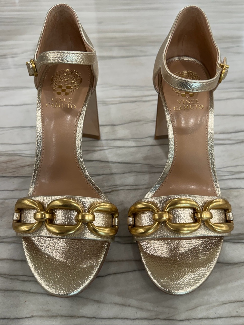 Vince Camuto Aurelia Egyptian Gold Leather Chain Link Heels Sandals 7.5M NIB